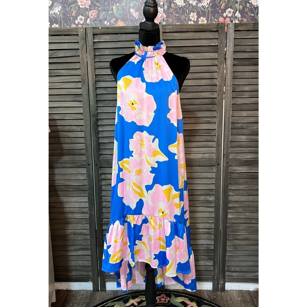 Umgee Blue Pink Tropical Floral Hi-Low Resort Vacation Maxi Dress NWT Large - Picture 2 of 8